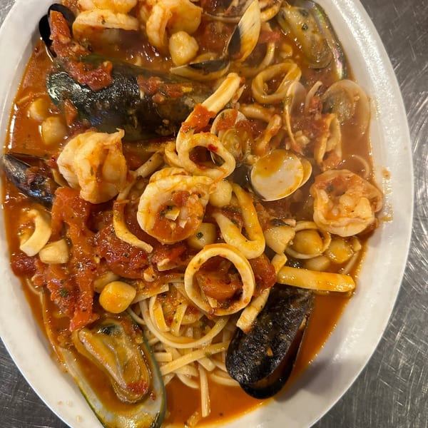 La Famiglia's linguine with mussels, clams, shrimp, and calamari in a rich red sauce.